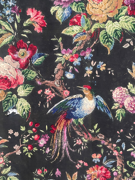 Original Antique Block Printed Chintz with Birds of Paradise and Florals: Late 18th early 19th century