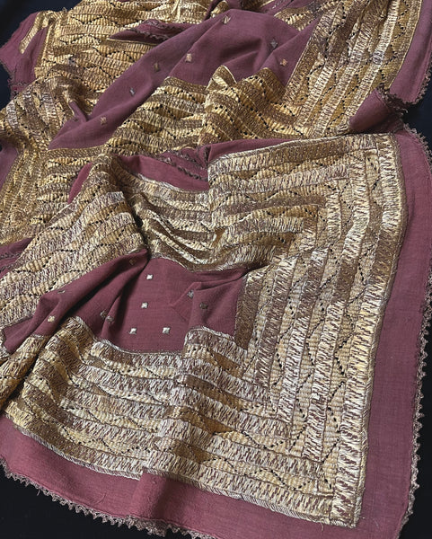 Antique Gold Thread Embroidered Panel Curtain Wallhanging:C20th Indonisia