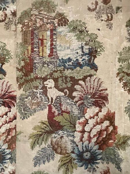 Antique Huguenot Silk Brocade with Architectural Elements and Dogs: C18th Spitalfields, London