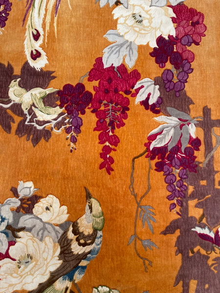 Original Antique Art Deco Chinoiserie Printed Velvet Liberty of London Design Birds Wisteria: C1920s London, England
