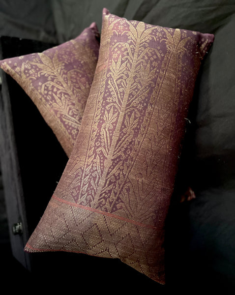 Handmade Cushion Made with Antique Brocaded Silk and Gilt Thread Panel: C19th Sumatra