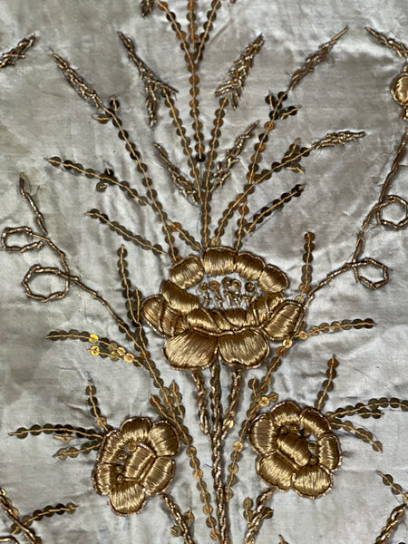 Antique Ottoman Embroidered Powder Blue Silk Satin Gold Embroidered Panels: C19th Turkey