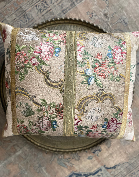 Bespoke Handmade Rococo Ecclesiastical Embroidered Silk Brocade Cushion Pillow: C18th France