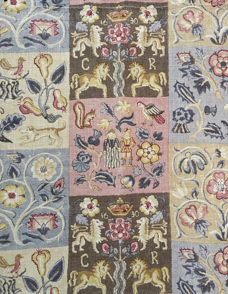 Charming Jacobean Revival Printed Linen Panel with Figures, Animals,  Florals: C1920 England