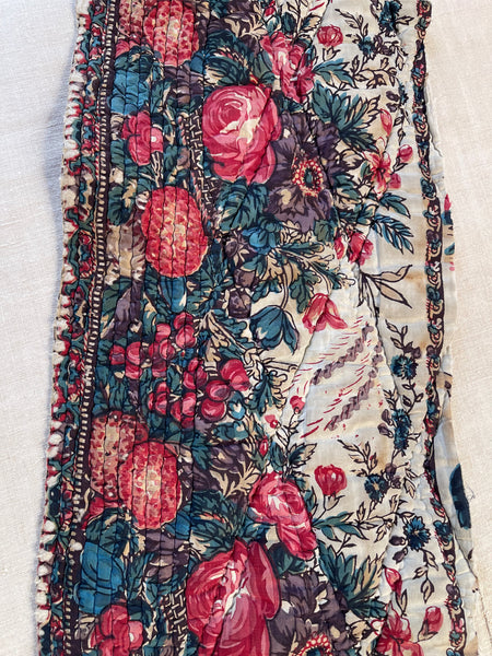 Antique Quilted Block Print & Hand Painted Floral Mezzaro Border: C19th Europe