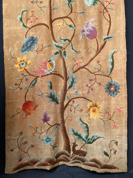 ON HOLD: Arts and Crafts Jacobean Revival Crewelwork Embroidered Tree of Life Wallhanging: C1900