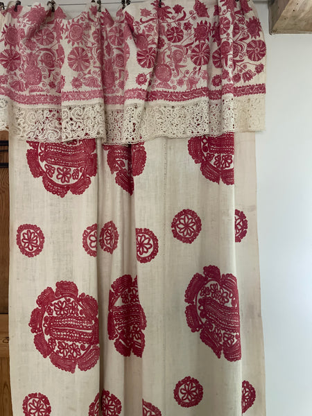 Antique Traditional Folk Embroidered Red and White Embroidered Linen Bedcover: C19th Hungary