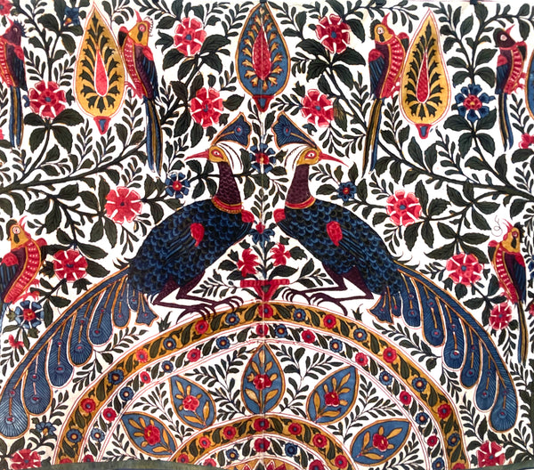Antique Block Print Palampore Wallhanging with Peacocks C19th India