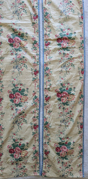 Antique Glazed Chintz Long Panel with Roses & Ribbons: C19th France