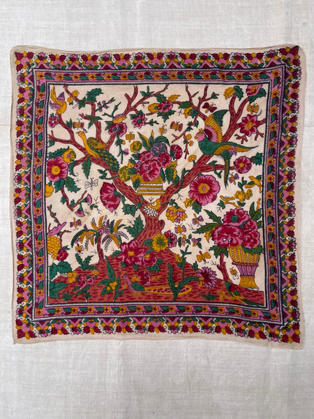 Block Print Tree of Life with Parrots, Peacock, Flowers & Butterflies: C20th India