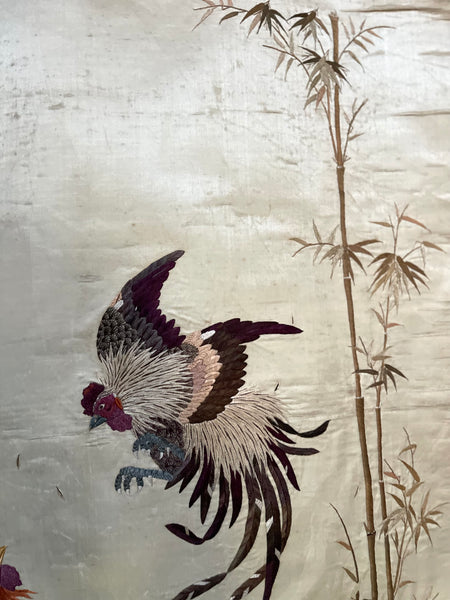 Fine Antique Silk Embroidered Wall Hanging with Cockerels: C19th China