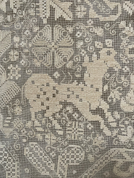 Antique Early Figurative Filet Lace Curtain Mythological Beasts Birds Tree of Life Hand Embroidered: C18th Italy