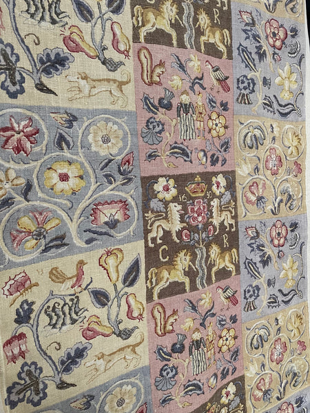 Charming Jacobean Revival Printed Linen Panel with Figures, Animals,  Florals: C1920 England