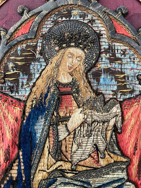 Antique Orphery Embroidery with Mary Queen of Heaven in Gothic Frame: Late C18th / 19th Century England