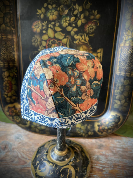 Antique Traditional Folk Costume Chintz Baby’s Bonnet: C19th Marken, Netherlands. Blue/Brown