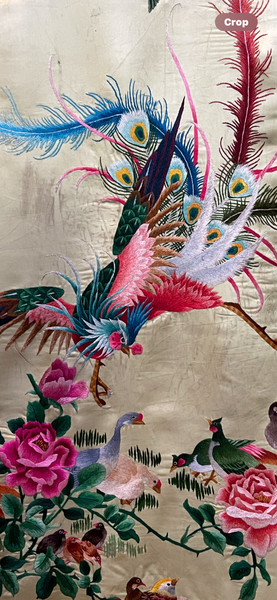 Antique Silk Embroidered Wallhanging with Exotic Birds: C20th China for export