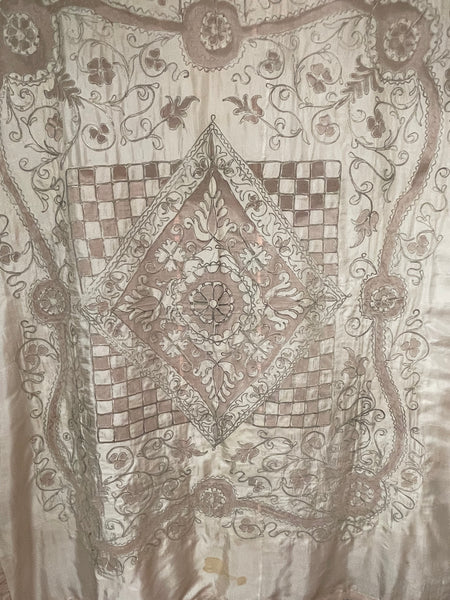 Ottoman Antique Silk Cutwork & Silver Thread Embroidered Bedcover: C1910 Turkey