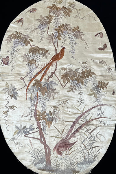 Antique Oval Silk Embroidery with Birds & Butterflies: C19th Qing dynasty, China