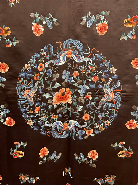 Fine Silk Embroidered Wallhanging with Symbolic Bats, Butterflies, Peonies: C19th China for export