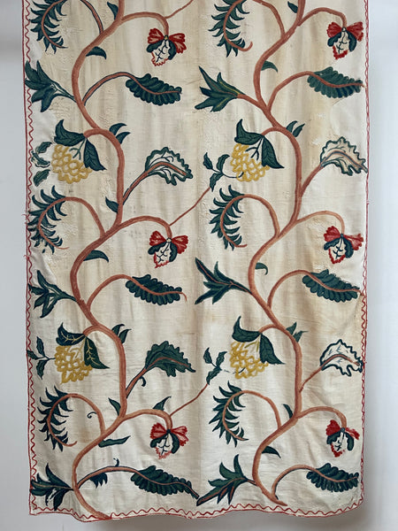 Original Antique Crewelwork Embroidered Bed Hanging: C18th Britain