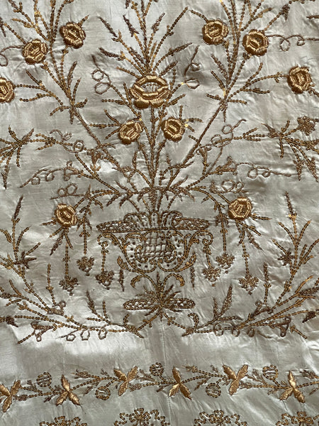 Antique Ottoman Embroidered Powder Blue Silk Satin Gold Embroidered Panels: C19th Turkey