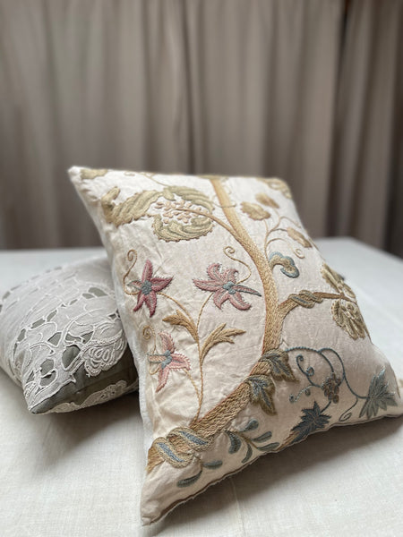 Antique Crewelwork Embroidered Jacobean Revival Tree of Life Cushion Pillow: C1900 Britain