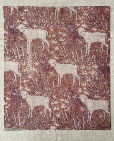 Antique Arts and Crafts Block Printed Lamé with Lambs: C1910/20 Britain. 57 x 49cm