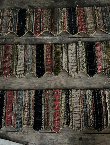 Handmade Victorian Silk Velvet Embroidered Shelf Pelmets x 3: C19th Britain