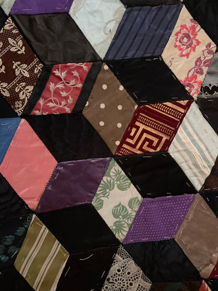 Antique Silk Tumbling Blocks Patchwork Quilt: C19th Britain