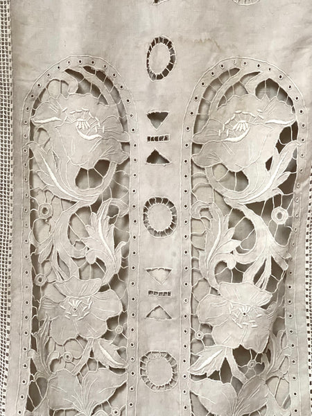 Antique Cutwork Embroidered Richelieu Lace Wallhanging Curtain Panel: C1900 - 1910 France
