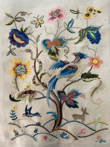 Antique Jacobean Revival Crewelwork Embroidery Tree of Life: C1920 Britain