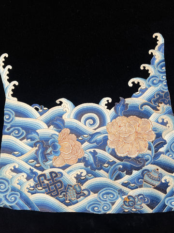 Fine Silk Embroidered Panels with Waves and Auspicious Symbols: C19th China