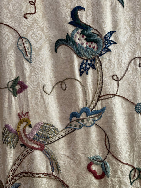 Antique Embroidered Crewelwork Tree of Life with Birds: C1910 A.H. Lee, Birkenhead, Britain. 337cm x 126cm
