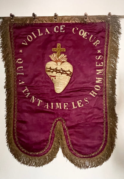 Antique Silk Embroidered Ecclesiastical Wallhanging Banner with Stumpwork Heart: C19th France