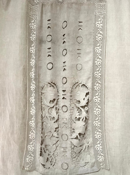 Antique Cutwork Embroidered Richelieu Lace Wallhanging Curtain Panel: C1900 - 1910 France