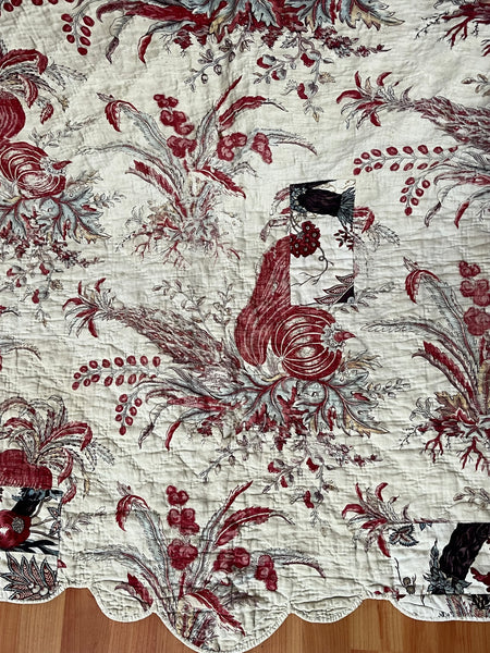 Rare Antique Indiennes Block Print Quilted Panel with Exotic Fruit and Foliage: C18th France