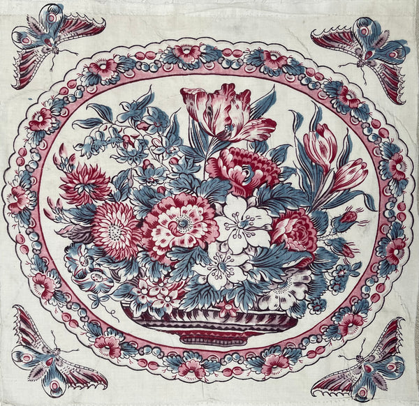Antique Chintz Panel with Bowl Flowers & Butterflies: C19th France