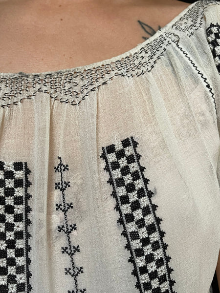 Fine Museum Worthy Silk Embroidered Folk Costume Blouse: C1920 Eastern Europe