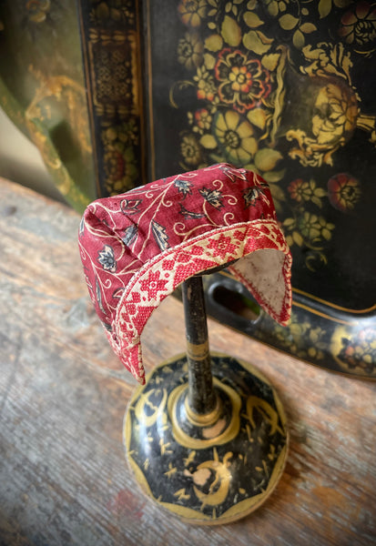 Antique Chintz Traditional Folk Costume Baby’s Bonnet: C18th Marken, Netherlands. Red