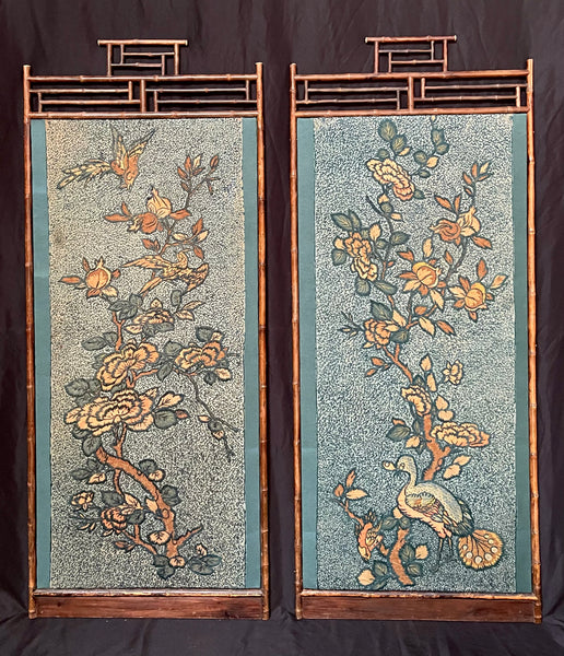 Antique Crewelwork Embroidered Tree of Life Wallhanging in Antique Japanese Bamboo Frame (2): C1900 Britain
