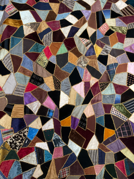 Antique Handmade Silk & Velvet Crazy Patchwork Quilt: C1880 English