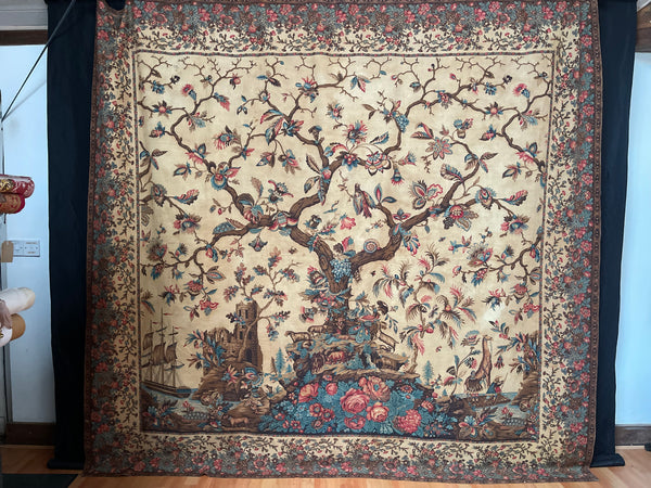 Antique Block Printed Mezzaro Wall Hanging with Tree of Life Ship Figures Giraffe: C1830 Genoa, Italy