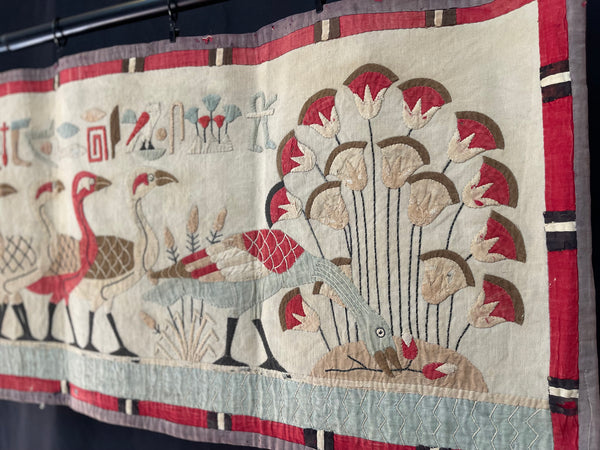 Antique Egyptian Revival Appliqué Wallhanging with Herders, Geese, Hieroglyphics: C1920s Egypt