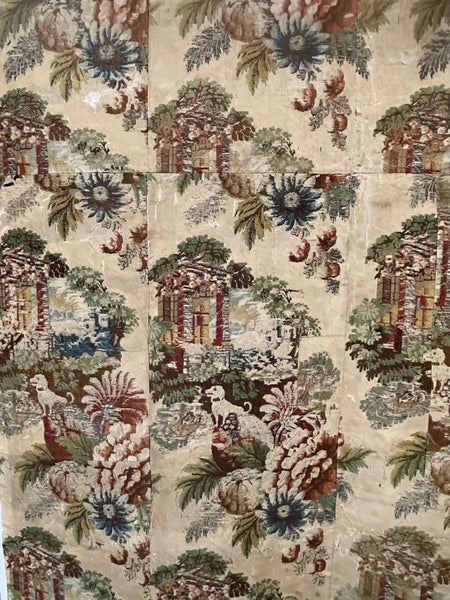 Antique Huguenot Silk Brocade with Architectural Elements and Dogs: C18th Spitalfields, London