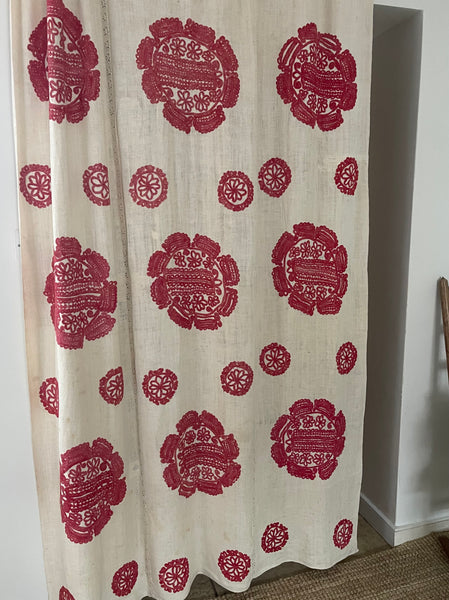Antique Traditional Folk Embroidered Red and White Embroidered Linen Bedcover: C19th Hungary