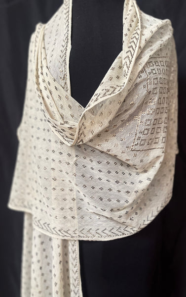Art Deco Assuit Shawl Hand Embroidered White with Silver Metal Thread: C1920 Egypt