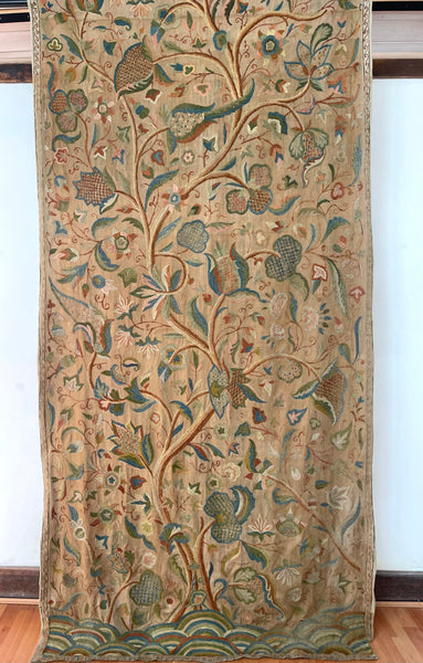 Antique Jacobean Revival Tree of Life Crewelwork Wall Hanging: C1900 Kashmir, India
