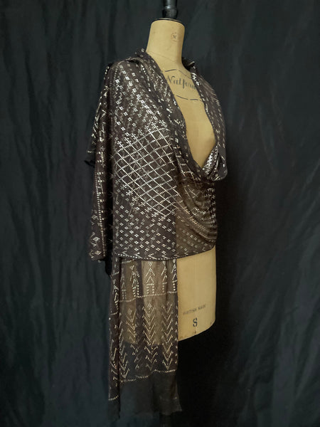 Art Deco Assuit Shawl Hand Embroidered Black with Silver Metal Thread: C1920 Egypt