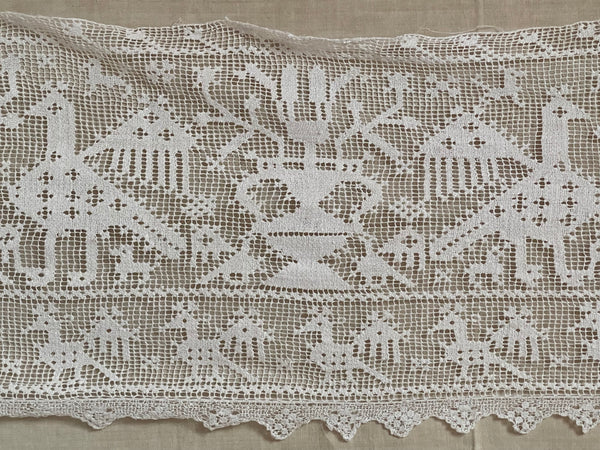Untitled Antique Filet Lace Valance with Birds & Vases: C19th Europe