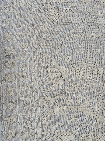 Antique Early Figurative Filet Lace Curtain Mythological Beasts Birds Tree of Life Hand Embroidered: C18th Italy